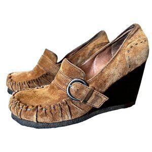 Biviel Brown Leather Wedge Loafers Sz 7 (38 EU) Womens 4" Heel w/ Side Buckle